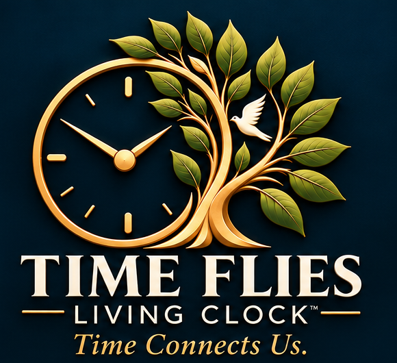 Time Flies: Living Clock. A gold clock on the left with a gold tree and green leaves growing on the right, a cream swallow in its branches. Tagline: Time Connects Us.